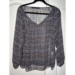 Zara Sheer Multicolor Tie Top Blouse Small Blue Peasant Boho Long Sleeve Sheer